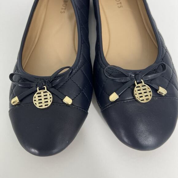 Talbots Quilted Ballerina Flats Leather Toe Bow 9.5 Navy Blue Comfort - Picture 2 of 8